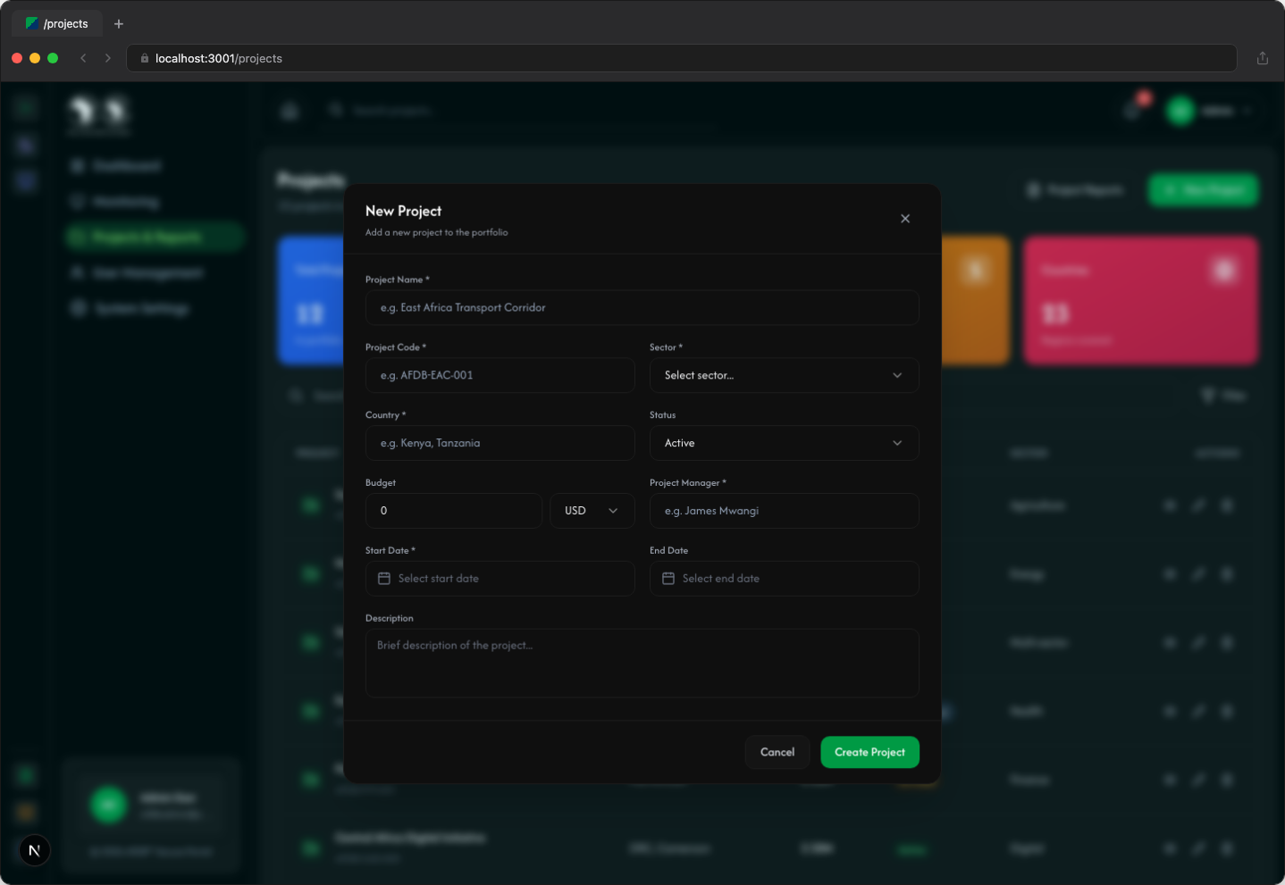 Create project modal - Dark Mode