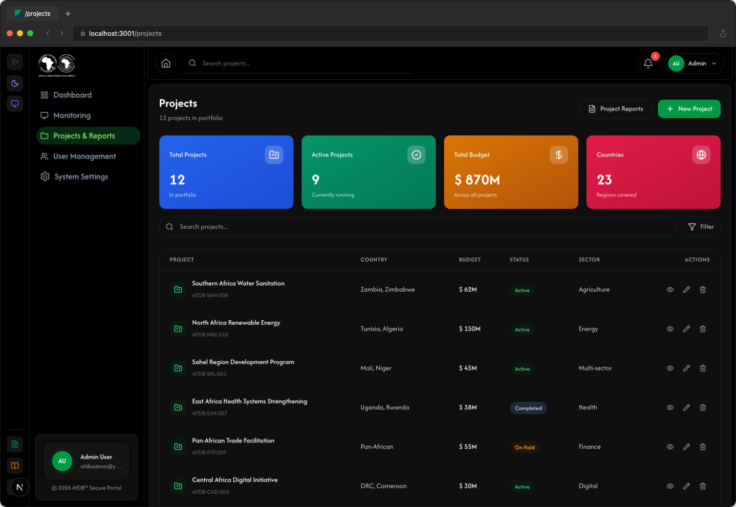 Projects page - Dark Mode