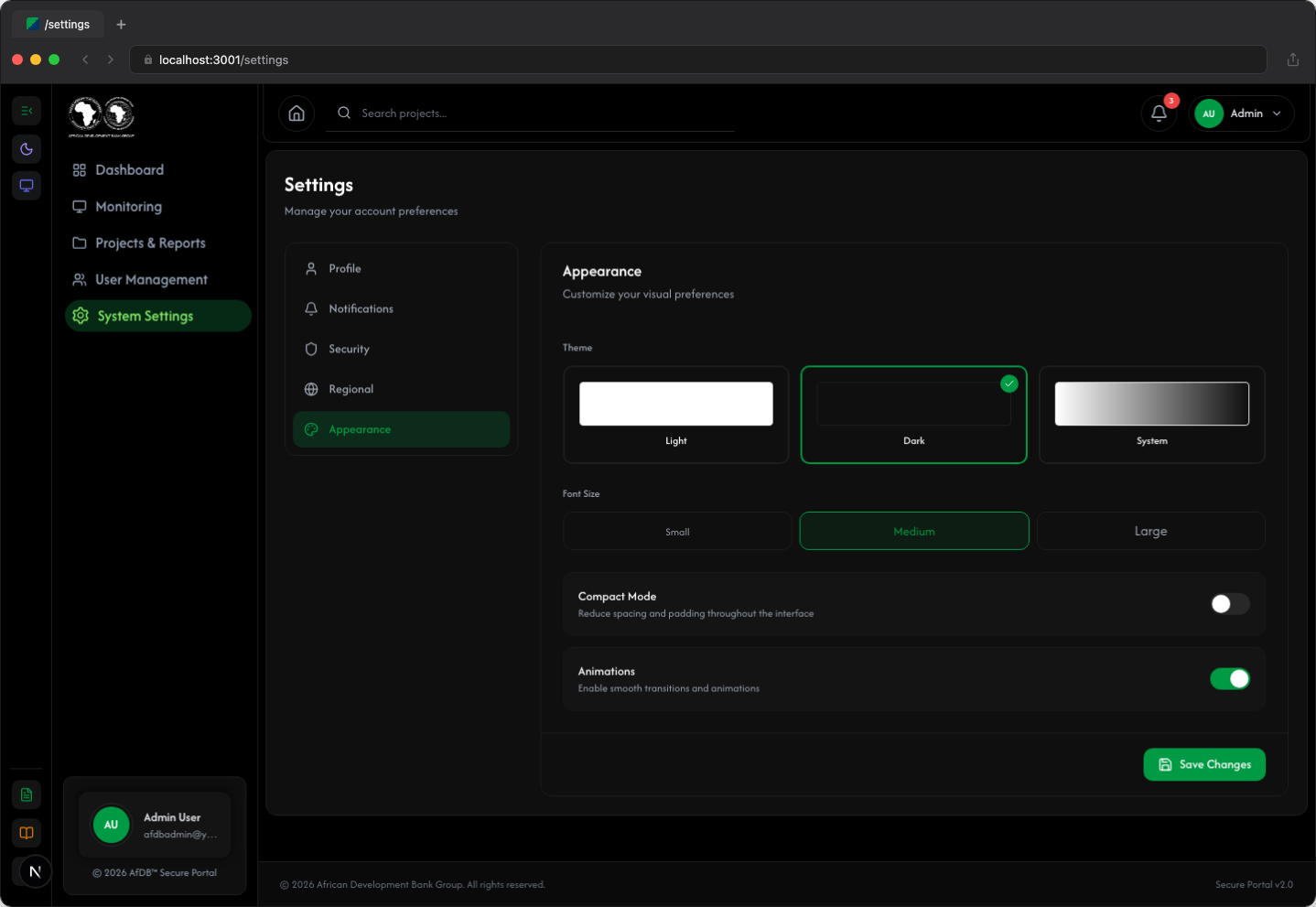 Settings - Appearance tab (dark mode)