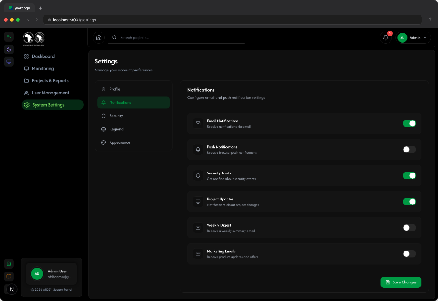 Settings - Notifications tab (dark mode)