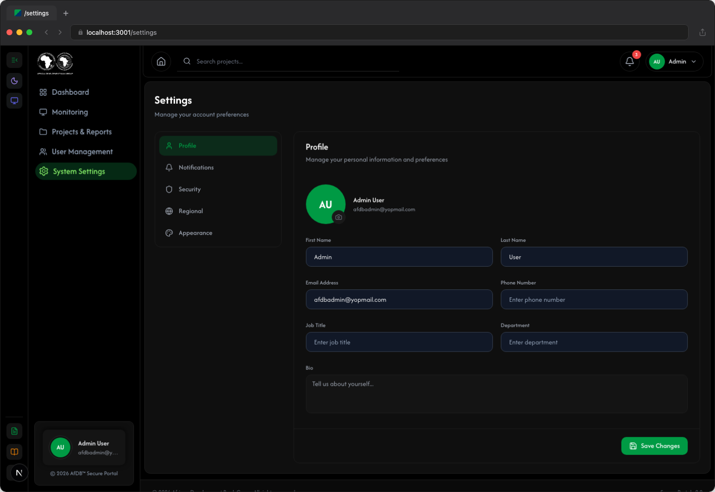 Settings - Profile tab (dark mode)