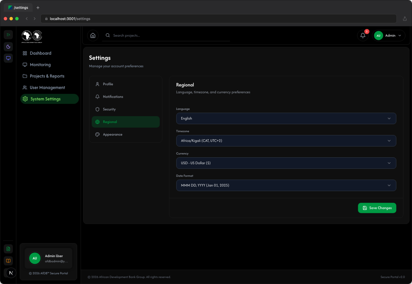 Settings - Regional tab (dark mode)
