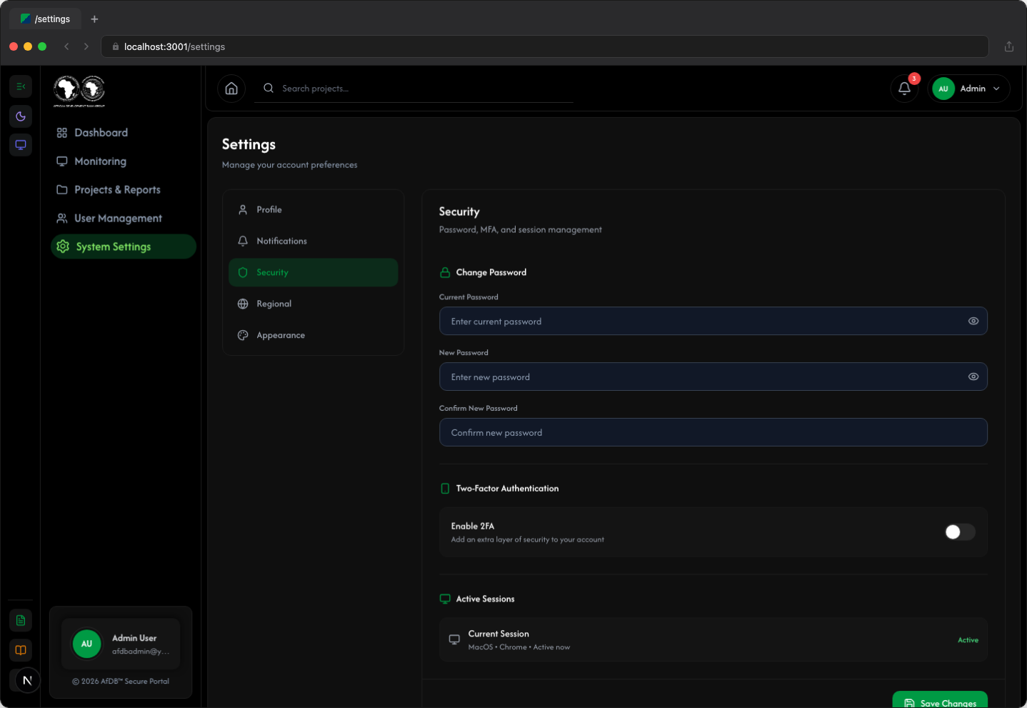 Settings - Security tab (dark mode)