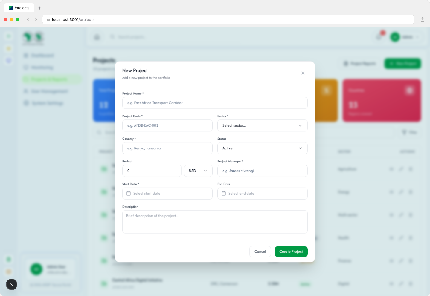 Create project modal - Light Mode