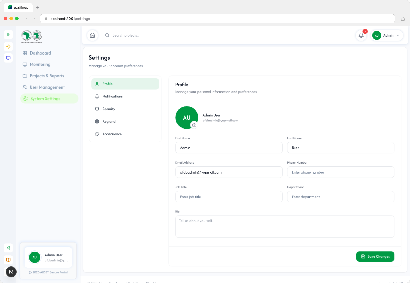 Settings - Profile tab (light mode)
