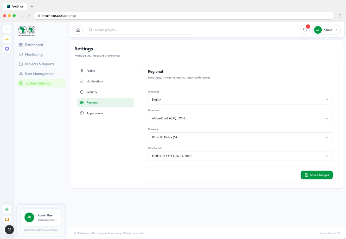 Settings - Regional tab (light mode)