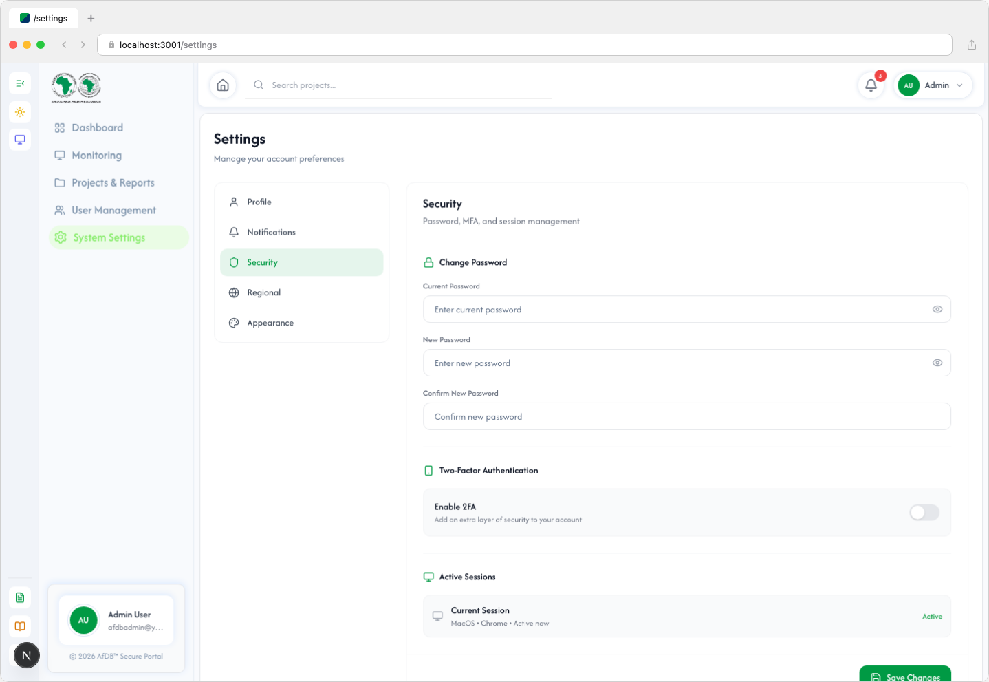 Settings - Security tab (light mode)