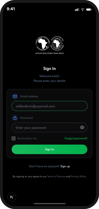 Mobile login page (dark mode)