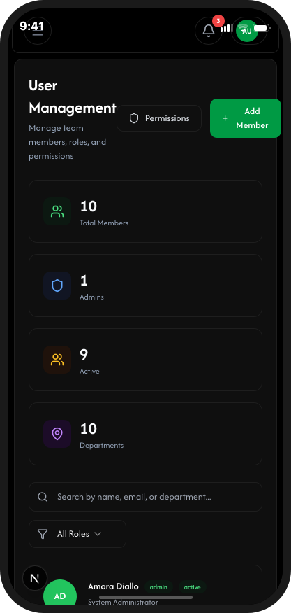 Mobile team listing (dark mode)