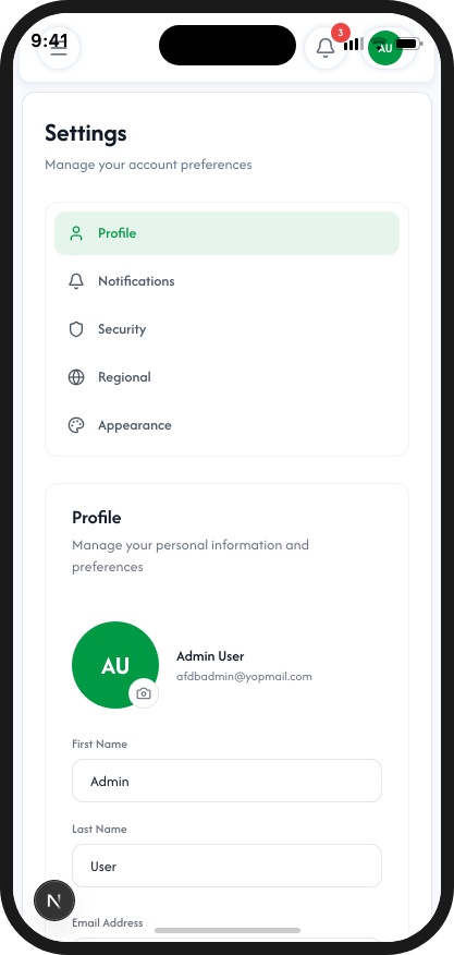 Mobile settings (light mode)