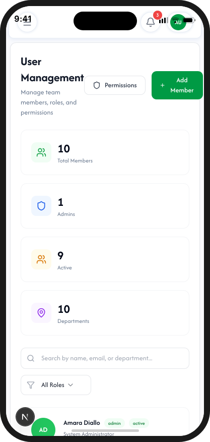 Mobile team listing (light mode)